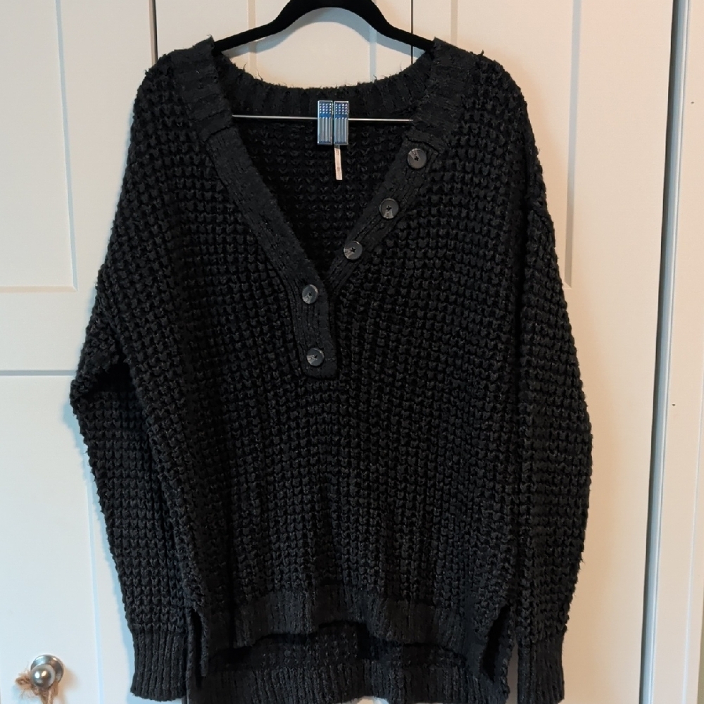 Free People Cozy Black Button-Up Sweater - Picture 1 of 6